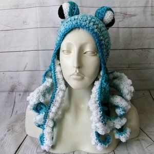 Handmade Crochet Adult Octopus Hat Ice Blue and White